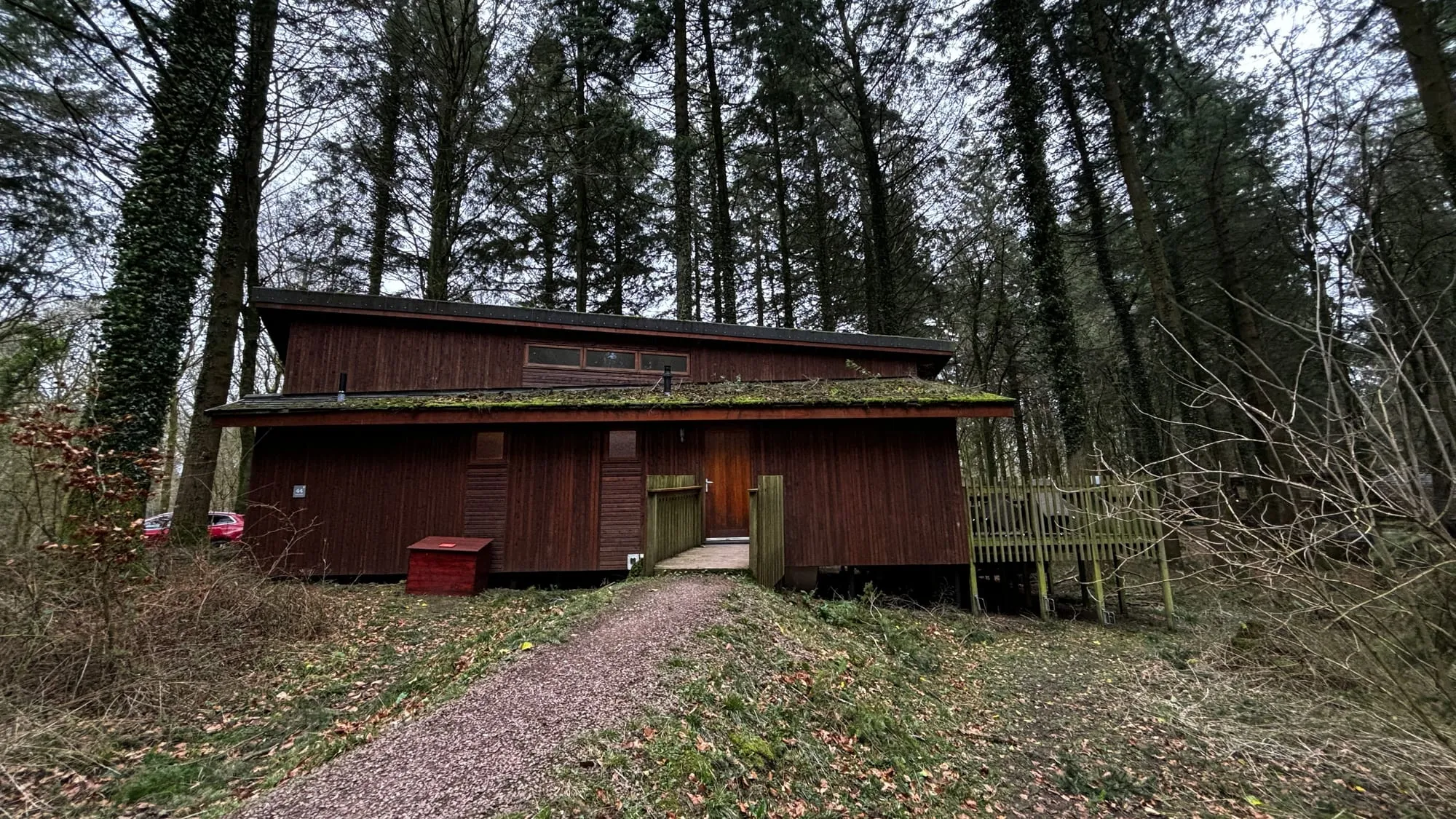 A wooden cabin among tall trees at Forest Holidays Forest of Dean